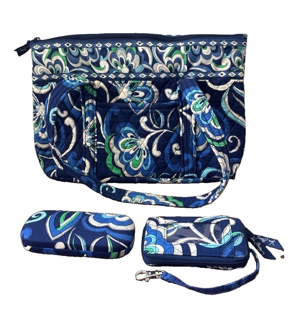 Vera Bradley Mediterranean Blue Tote Handbag Wallet Glasses Case Purse Set